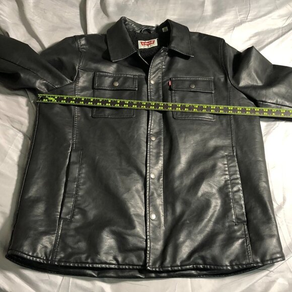Levis Mens Moto Faux Leather Jacket XL Fauc Fur Black Insulated Collared Snap - Picture 6 of 16
